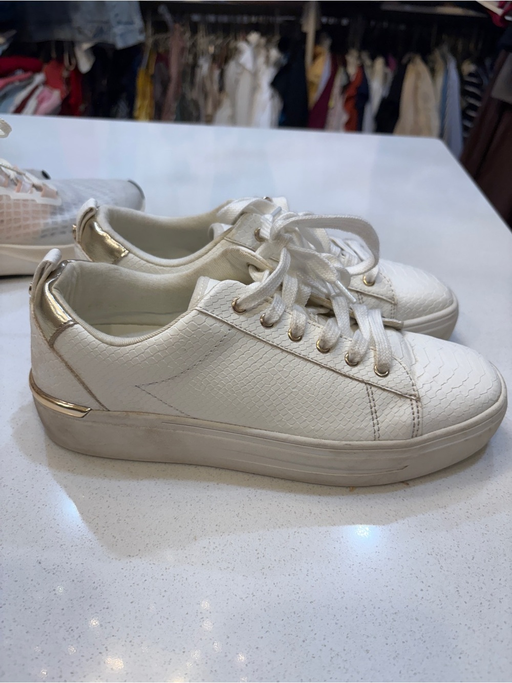 Aldo White Lace-Up Sneakers with Gold Hardware